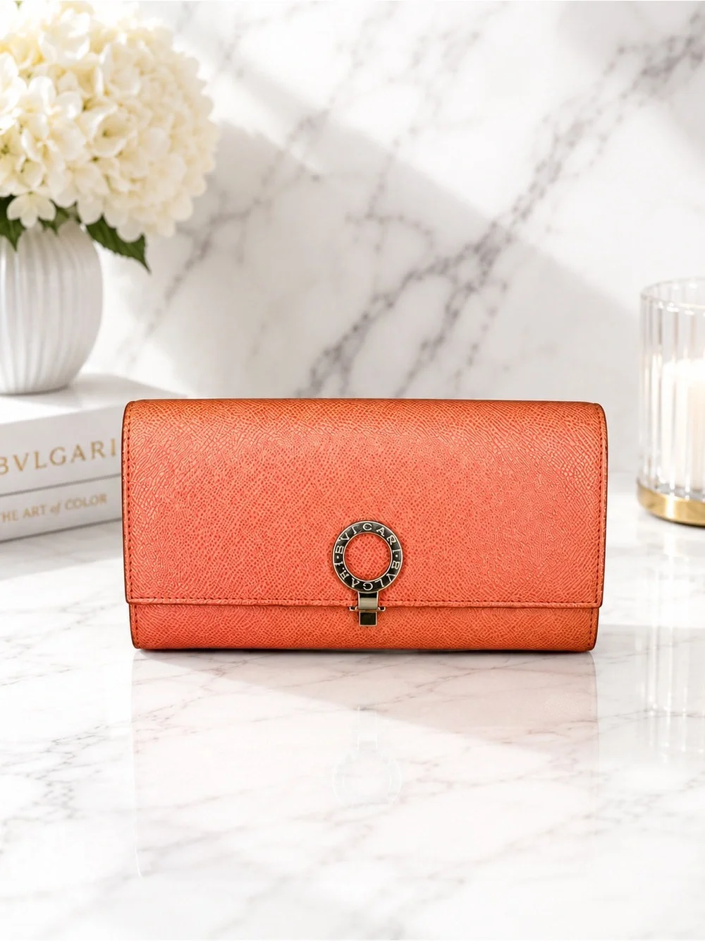 Bvlgari Coral Peach Leather Continental Wallet Signature Ring Clasp Full Set